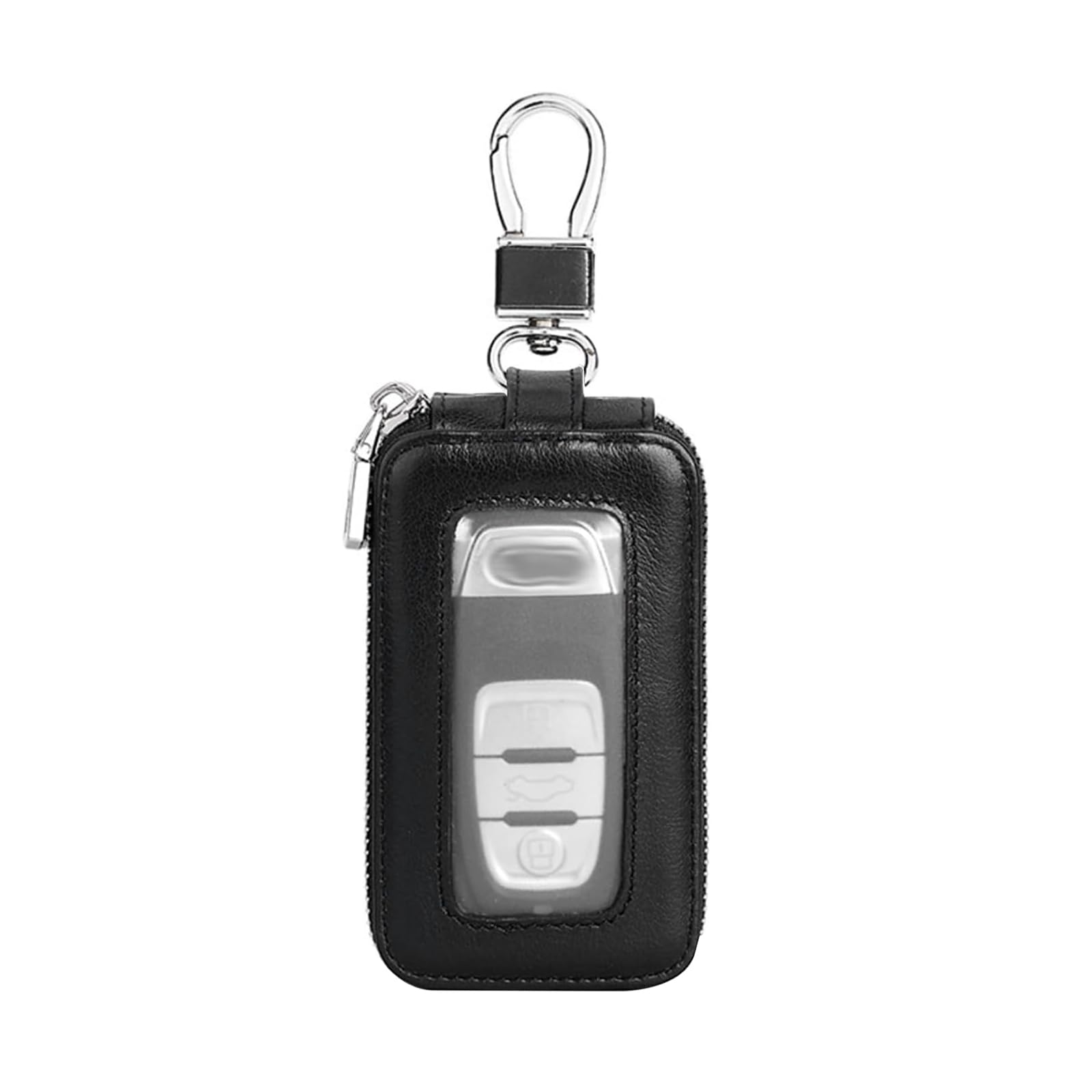 Car Smart Key Fob Case, Genuine Leather Transparent Window Remote Key Holder with Metal Hook, Keychain Zipper Protective Bag, Universal for Men Women (Black)