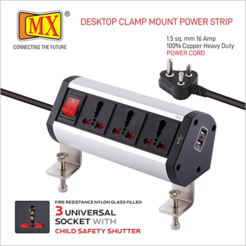 Image of MX Premium Power Console 16A - 6 Universal Sockets (3 Outlets + 2 USB) with Removable Desk Clamp Power Strip, Master Switch, 1.5m Cord, Overload Protection for Home & Office