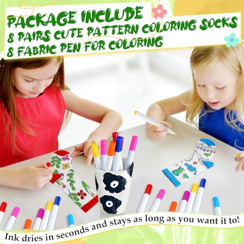Glitopper Kids Doodle Socks, Color Your Own Socks 8 Pairs and 8 Fabric Pen for Coloring, Kid Drawing DIY Crafts Art Gifts (S)4
