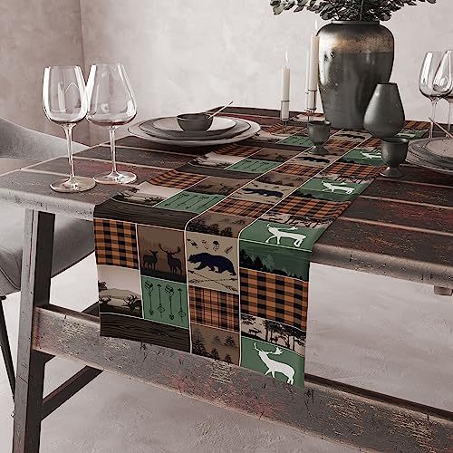 Image of Rustic Country Cabin Hunting Moose Table Runner,Retro Green Patchwork Bear Deer Hunting Wild Animal Plaid Checkered for Kitchen Dining Room 13x120in