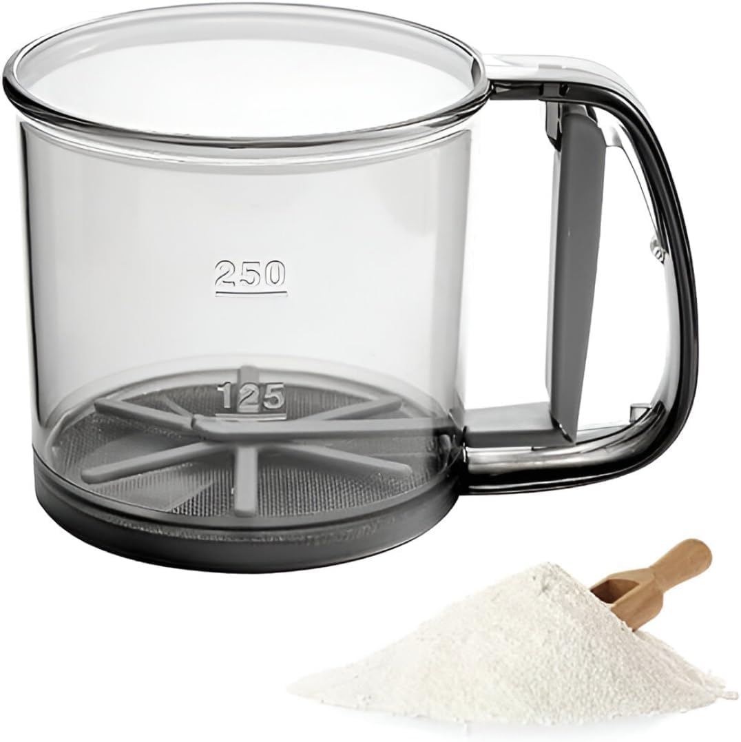 Hand Press Flour Sifter Cup with Handle - Fine Mesh Sieve to Remove Lumps and for Dusting Sugar, One-Handed Squeeze Action for Mess-Free Baking