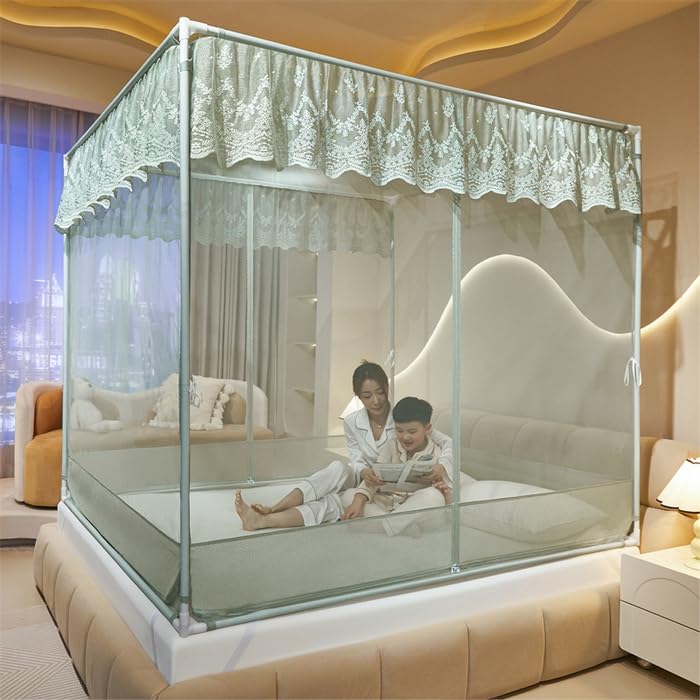 Image of Dawnwake Mosquito Net, Large Space Playpen, Anti-Fall Mosquito Neting Bed for Babies /Adult /Outdoor,Portable Foldable Travel /Camping Mosquito Net Tent, Suit for King Size Bed- Green (Lace Style)
