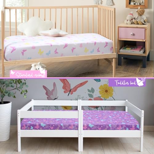 Image of UOMNY Crib Sheet Set for Girls,Butterfly Fitted Crib Sheets Baby Sheet Set for Standard Crib and Toddler mattresses Nursery Bedding Sheet for Girls 2 Pack Pink,Purple Pattern