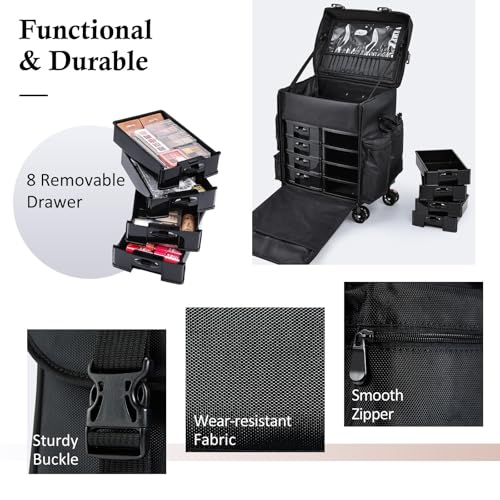 Stagiant Professional Rolling Makeup Case Soft Sided Cosmetology Organizer Wheeled Nylon Train Case Portable Travel Supply Station for Makeup Artist Nail Technician Hair Stylist Crafters