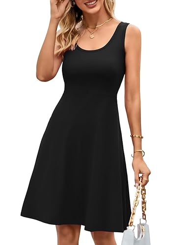 Herou Summer Beach Floral Dresses for Women A line Sleeveless Wide Strap High Waist Midi Tank Dress - XX-Large - 0-black