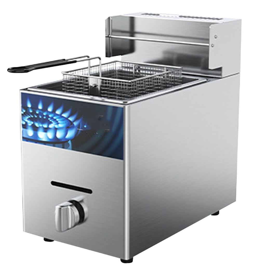 Freidora Industrial De 10l, Freidora De Acero Inoxidable para Metano, Freidora De Un Solo Tanque, 1 Cesta para Freír, Limpieza Fácil, Quemador De Hierro Fundido De 3 Anillos