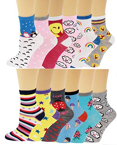 Ayla 12 Pairs Pack Kids Girls Colorful Creative Fun Novelty Design Crew Socks (4-6, Assorted Fancy)