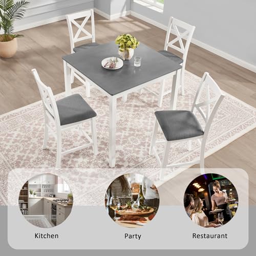 Image of Harper & Bright Designs 5-Piece Counter Height Dining Table Set with 4 Chairs, Square Wooden Kitchen Table Set for 4, Modern Small Space Dining Room Set with Padded X-Back Chairs, Grey & White