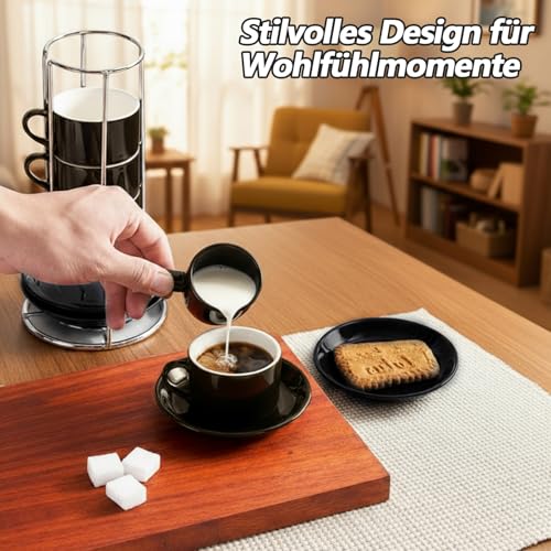 Caossuixn 4 x 100 ml filiżanki do espresso ze spodkami i stojakiem, filiżanki do espresso, nadają się do mycia w zmywarce, zestaw 4 filiżanek do kawy Americano, cappuccino, herbaty i latte