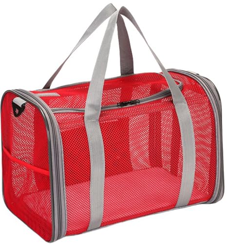 ペットキャリーケース メッシュバッグ 折り畳み キャリーバッグ 猫用小屋 犬 おでかけ ポータブル ソフトクレート 通気性 ペットバッグ 夏 防災 車載 折り畳み 軽量 通院用 ポータブル 旅行 (レッド, 42x26x29cm)