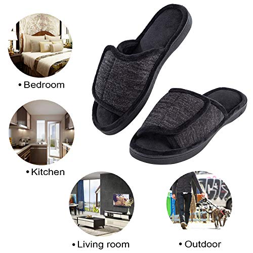 Dl Adjustable Mens Slippers Memory Foam, Open Toe House Slippers For Men Comfy Indoor Outdoor, Cozy Breathable Slide Bedroom Velcor Slippers Size 9-10 Black #TOP5