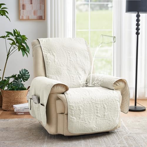 Image of Ivory Recliner Chair Covers, Quilted Decor Water-Repellent Medium Lazy Boy Chair Covers, Pet Friendly Recliner Cover for Dogs Cats, Washable Couch Cover (Recliner 26 inch, Ivory White)
