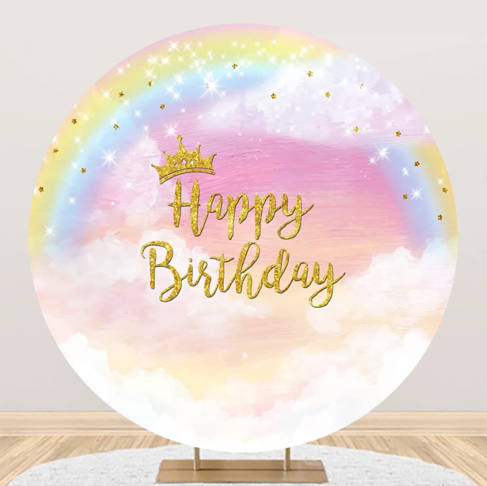 Happy Birthday tło baner 2,0 x 2,0 m akwarela tęczowe okrągłe tło błyszczące gwiazdy biała chmura okrąg tło tkanina dziewczyny urodziny przyjęcie dekoracja baner na baby shower przyjęcie
