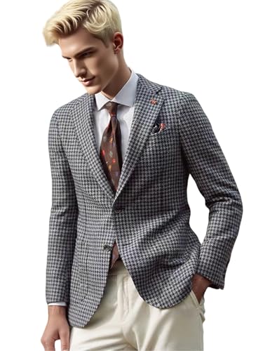 VENNYNG Autumn Houndstooth Blazer for Men Plaid Sport Dress Coat Slim Fit Business Casual Jacket with Notched Lapel3
