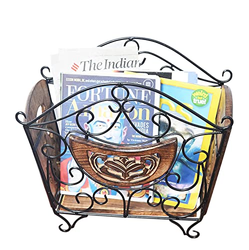 Image of Wooden & Wrought Iron Magazine Stand for Table | Hand-Carved Newspaper & Book Holder | Decorative Organizer for Home & Office | Black Finish (41 x 38 x 20 cm)