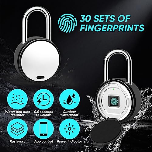 Image of Fingerprint Padlock with Case, Smart Keyless Bluetooth Lock APP /Fingerprint Unlock Anti-Theft Padlock Door Luggage Case Lock for Android iOS Suitable for Gym, Backpack, School, etc, Type-c Charging