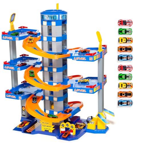 MOLTO | Parking de Juguete 6 Plantas Azul con 10 Coches – Garaje Infantil con Rampas, Elevador y Elementos Interactivos – Juego de Imaginación y Motricidad para Niños a Partir de 3 Años