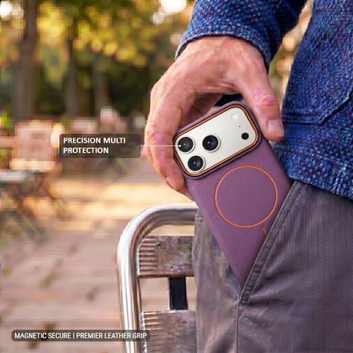 Image of amazon basics Luxury MagSafe Compatible Leather Texture Back Cover for iPhone 17 Pro Max | Raised Camera Protection | Slim Fit Shockproof Case with Metallic Accents (Purple)