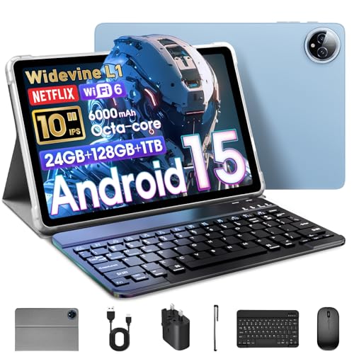 Image of Android 15 Tablet 10 Inch, 24GB RAM+128GB ROM/1TB Expandable Tablet, 2 in 1 Tablets with Keyboard Case Mouse Stylus, 2.0GHz Octa-core CPU, 1280*800 IPS HD Screen, 5G WiFi6 BT 5.0, 5+8MP Camera