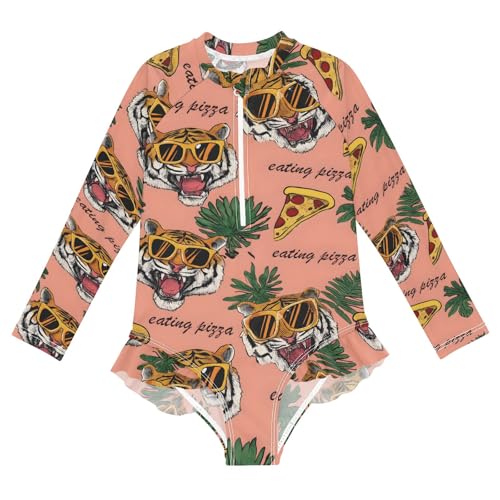 ALAZA Toddler Swimsuit Girl Bathing Suit Swimwear Rash Guard Tiger Pizza Long Sleeve 3T