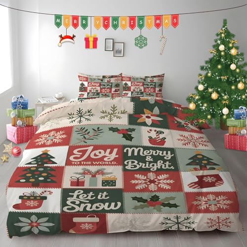 布団カバー シングル クリスマステーマパズル|マイクロファイバー 掛け布団カバー 150x210 +枕カバー 2枚 3点セット|吸汗速乾・防静電気・洗濯耐久|肌ざわり最高 雪の結晶ギフトボックスの木 なプリントデザイン PH578