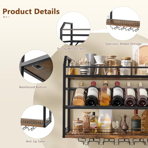 Image of Hoctieon Wall Mount Wine Rack, Wall Mounted Wine Bottle Rack for Display and Storage, Hanging Bottle Holder, for Living Room, Dining Room,Bar, Wine Cellar, Rustic Brown