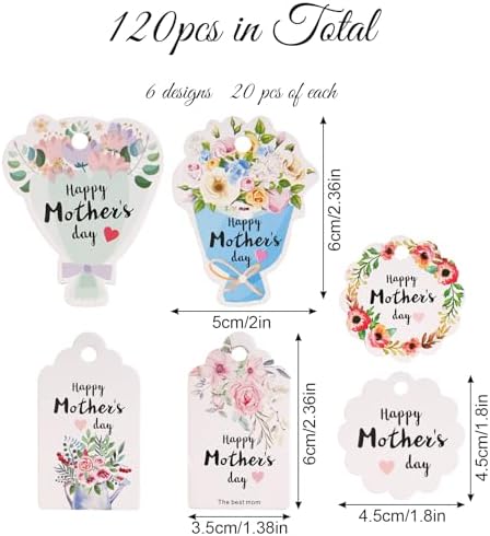 120 Pcs Floral Mothers Day Gift Tags Paper Hanging Wrapping Tags with String for Happy Mothers Day Gift Wrapping Supplies