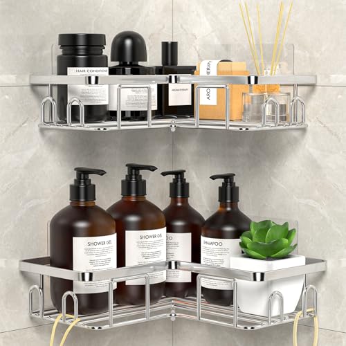 UUlioyer Estanteria Baño de Acero Inoxidable SUS304, Rinconera Ducha Sin Taladro, Bathroom Organizer, Estante Ducha para Almacenamiento Champú Gel, Plata (2 Piezas)