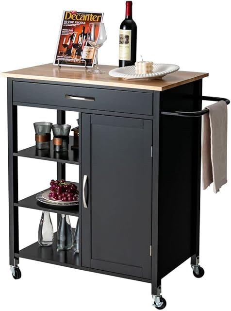 COSTWAY Kitchen Island on Wheels, Mobile Storage Trolley with 3-Tier Open Shelf, Deep Drawer and Single Door Cabinet, Woden Serving Utility Cart Organiser for Dining Room Bar Restaurant (Black)