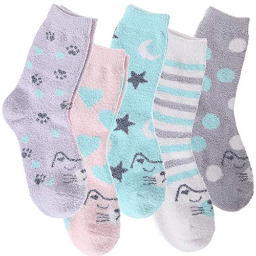 Womens Girls Fuzzy Slipper Socks Cozy Fleece Soft Warm Cabin Plush Fluffy Sleep Winter Adult Socks Christmas Stocking Stuffers 5 Pairs?Cat B?