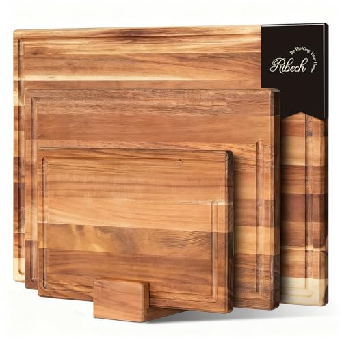 Ribech Set de Tablas de Cortar 3 Piezas de Madera de Acacia Sólida con Soporte | 40x30cm 33x24cm 26x18cm | Tablas de 2cm de Grosor con Surco y Antideslizantes