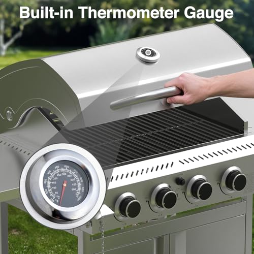 4-Burner Propane Gas Grill with 304 Stainless Steel Cooking Grid, Hanging Hooks/Heat-Resistant Handle, 32000BTU Stainless Steel BBQ Grill with Portable Wheels for Camping/Patio/Backyard - Image 7