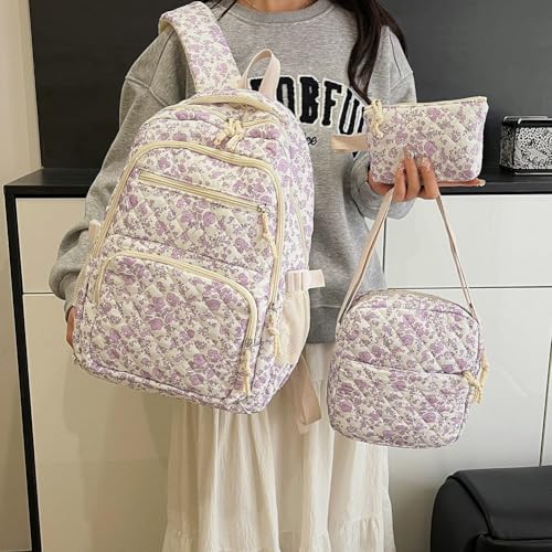 Coquette Backpack Aesthetic Floral Bookbag Large Quilted Daypack Cute 3PCS Bag Set with Crossbody Bag2