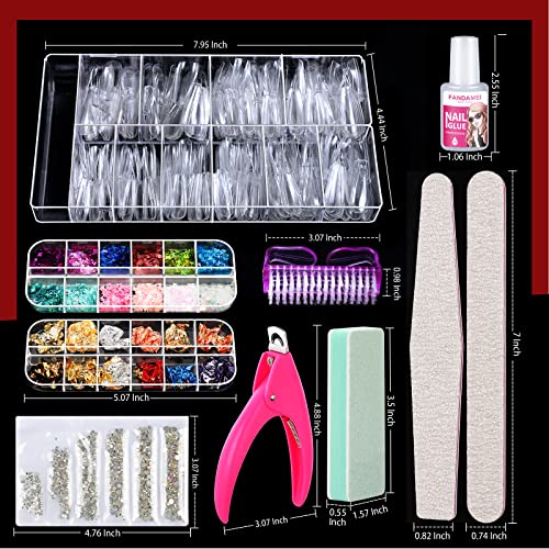 Fandamei FAN-145 Acrylic False Nail Tips Kit, 600 Pcs Full Cover Clear Fake Nail Tips With Nail Glue, Nail Butterfly Glitter thumb #1