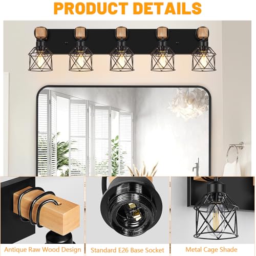 Image of FadimiKoo 5-Light Wooden Black Bathroom Light Fixtures, Rustic Style Vanity Wall Sconces Lighting with Metal Cage, Farmhouse Bathroom Lights Wall Mount for Bedroom, Living Room, Entrance