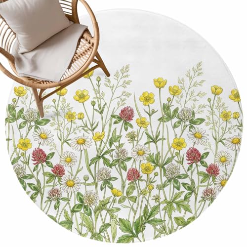 3ft Soft Round Area Rugs Spring Watercolor Flowers Daisy Leaves Indoor Carpet for Living Room Bedroom Nursery Washable Circle Floor Mats Retro Botantical Decor