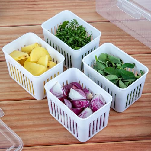 Image of VYOOx Fridge Storage Box with Lid & 4 Compartments | Refrigerator Organizer Basket for Fruits, Vegetables, Onion, Garlic & Herbs | Plastic Food Storage Container for Kitchen & Fridge