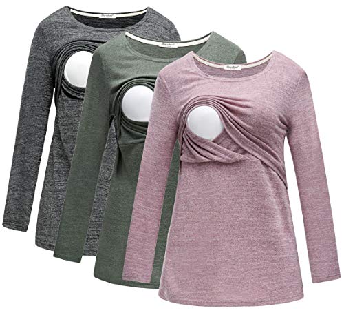 Image of Bearsland Women's 3 Packs Maternity Clothes Long Sleeves Breastfeeding Shirts Nursing Top