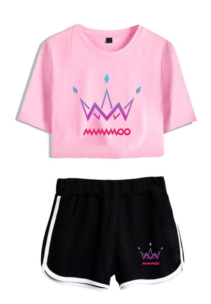 AMOMA Women Kpop Mamamoo Printed Tracksuit Fashion Crop Top T-Shirt and Shorts Two Pieces Sets