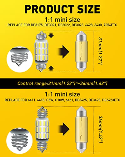 Image of AUXITO DE3175 6418 LED Bulbs 3175 6411 Bulb White 6500K 4014 Chipsets 31mm 36mm Festoon Bulb Bright LED Replace for Car Interior Dome Courtesy Door Map Trunk License Plate Light Parking Light, 6 Pack