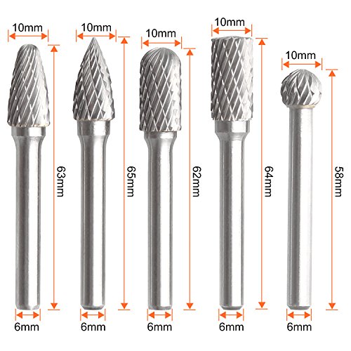 Carbide Burr Set with 1/4" Shank and 2/5" Head (10MM), CBTONE 5 PCS Double Cut Tungsten Carbide Rotary Burrs 1/4 Inch 6mm Shank Die Grinder Bits for Carving, Polishing, Engraving and Drilling