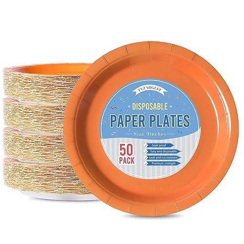 Image of Orange Disposable Paper Plates, 9 Inch Dinner Party Plates, 50 Count Bulk