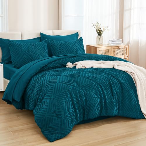 Image of Andency Queen Comforter Set 7 Piece Teal - Bed in a Bag Queen Boho Lightweight Fluffy Tufted Bedding Sets with Comforter, Sheets, Pillowcases & Shams