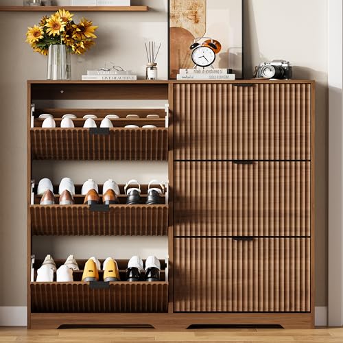 Image of Shoe Cabinet Storage for Entryway with 6 Flip Drawers, Walnut Fluted Shoe Cabinet with Adjustable Shelves, Wooden Hidden Shoe Rack Freestanding Narrow Slim Shoes Storage for Hallway, Entrance