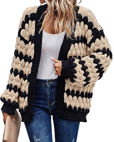 KIRUNDO Women's Open Front Color Block Chunky Knit Cardigan Fall Long Sleeve Striped Casual Loose Soft Warm Winter Outerwear Coatigan(Beige, Large)