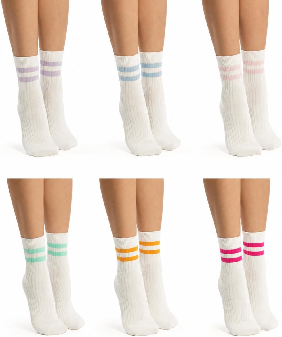 Cute Striped Cotton Crew Socks, 6 Pairs, Pastel Striped Pattern, Women's Size 5-11, 80% Breathable Cotton