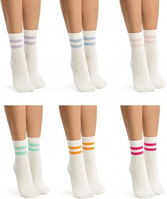 Cute Striped Cotton Crew Socks, 6 Pairs, Pastel Striped Pattern, Womens Size 5-11, 80% Breathable Cotton