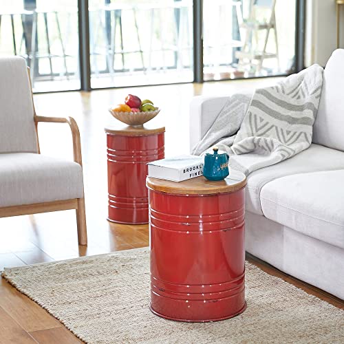 Glitzhome Rustic Storage Ottoman Seat Stool, Farmhouse Nesting End Table, Galvanized Barrel Metal Accent Side Table Toy Box Bin With Round Wood Lid For Living Room Furniture, Set Of 2, Red #TOP3