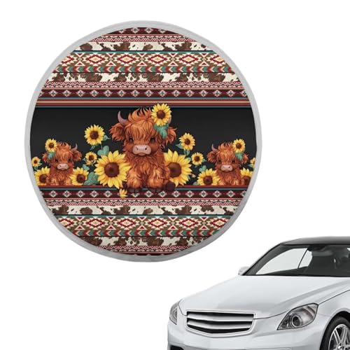 Image of Aztec Highland Cow Car Steering Wheel Cover Sun Shade Reflect UV Sun and Heat Auto Interior Protector Easy Installation Universal Steering Wheel Cover for Car Truck SUV Van 17 inch