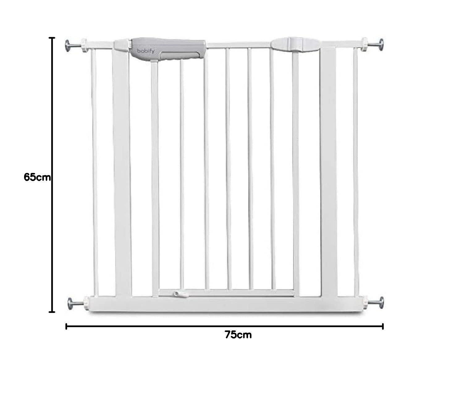 Babify - Barriera di sicurezza per bambini per porte e corridoi, colore bianco, massima versatilità da 65 a 91 cm, include 2 estensioni da 10 cm e kit corrimano